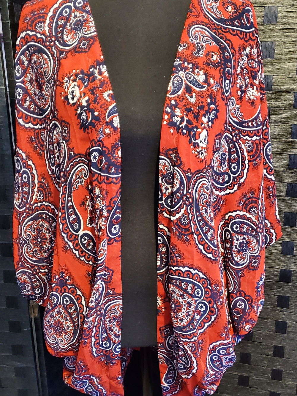 Maurices Red Navy Paisley Open-Front Cardigan